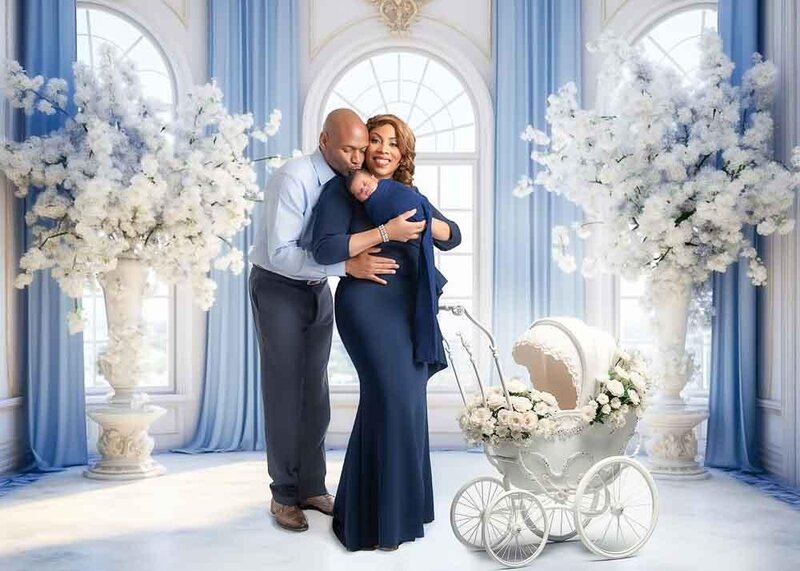 Birmingham maternity & newborn portrait in a bright white studio with floral backdrops