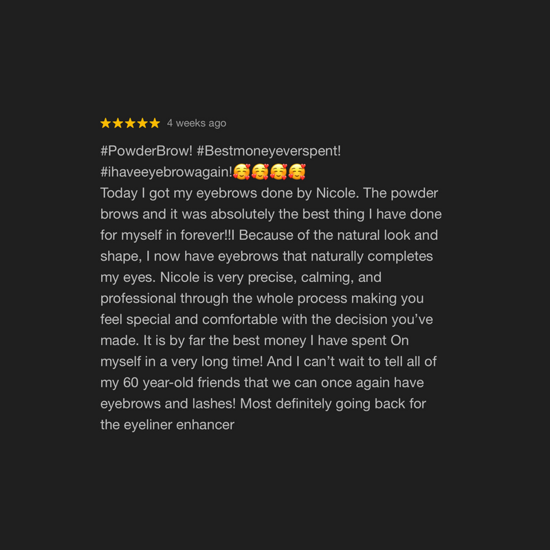 5-star client review praising natural-looking powder brow permanent makeup