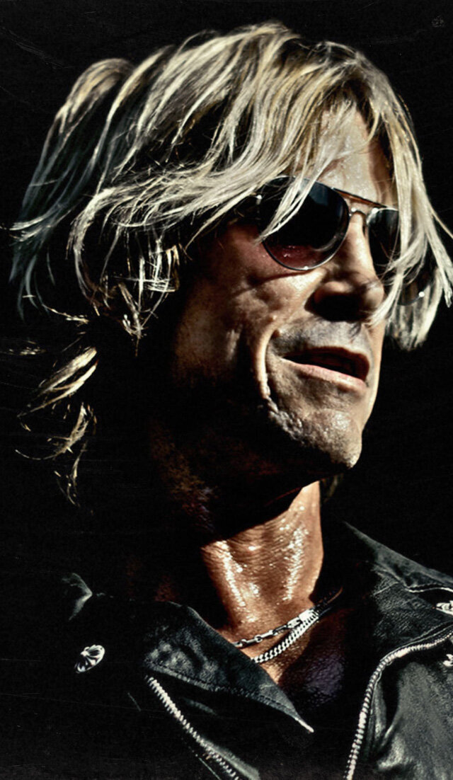 Music portrait Duff McKagan  close up wearing black leather jacket