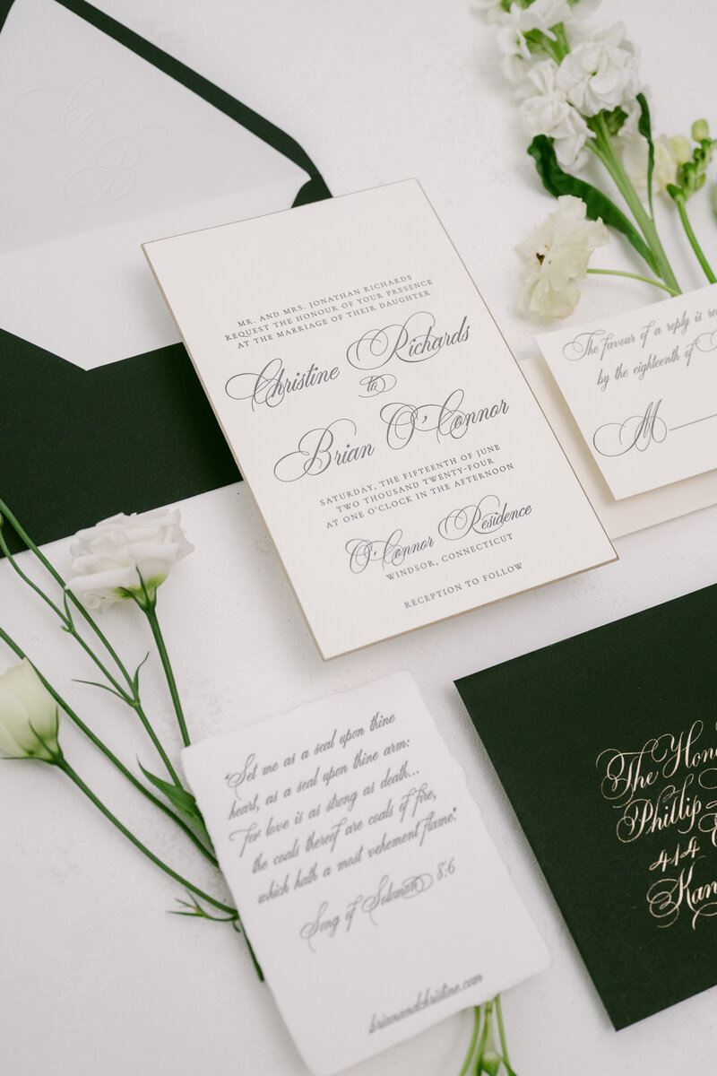 White and black classic wedding invitation suite with letterpress calligraphy