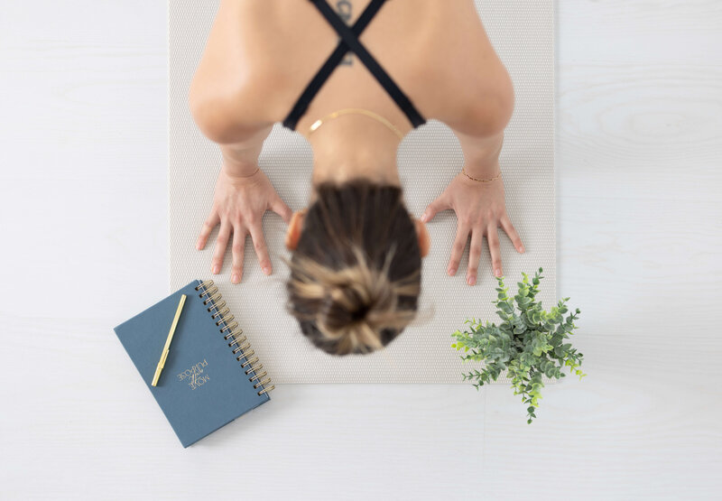 woman in a plank overlooking cover of blue fitness journal