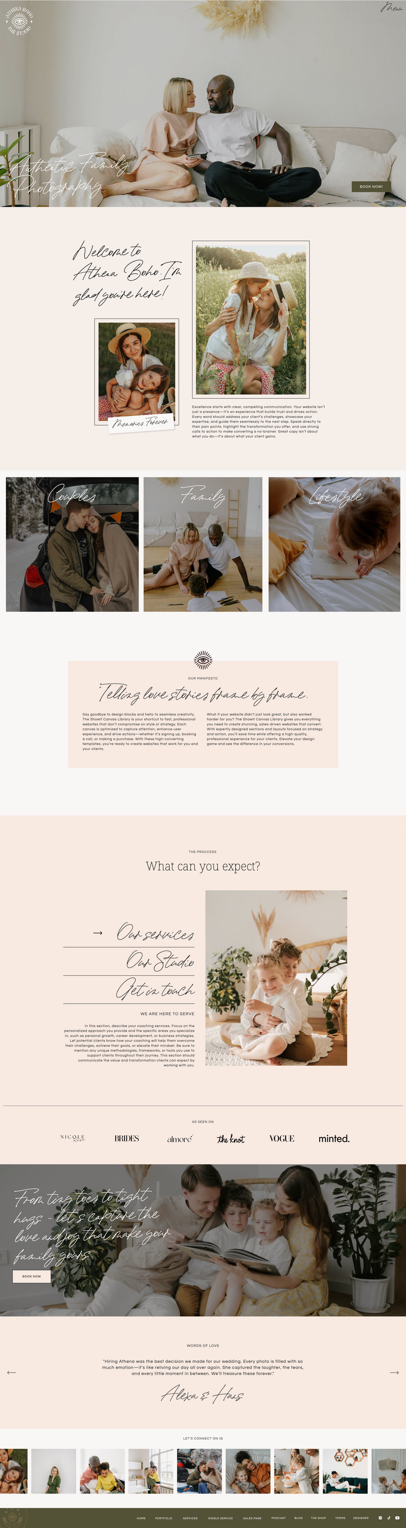 Desktop view of Eleanor Showit website template with elegant layout, large image sections, and clear navigation for coaches and creatives.