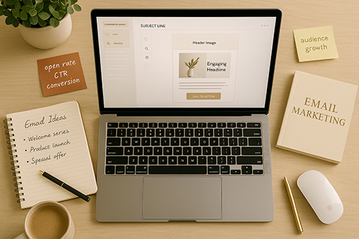 Workspace with email marketing strategy tools, including campaign ideas and growth planning