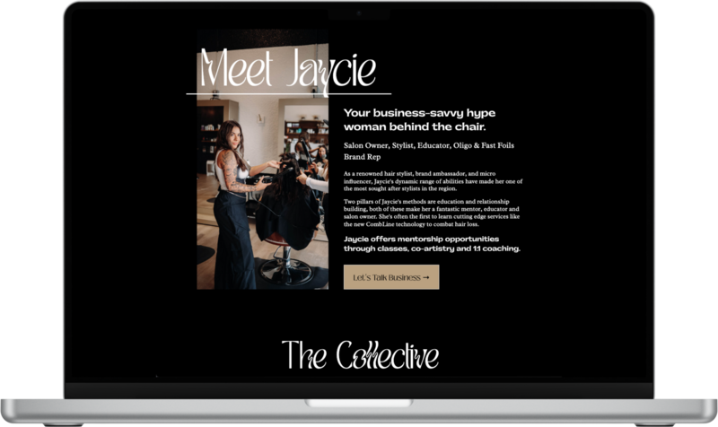 a laptop mockup the homepage featuring a call out section for Jaycie, owner of The Jaycie Collective Salon, copy, branding and web design by Ruby Works Co to effectively market the salon in a crowded market