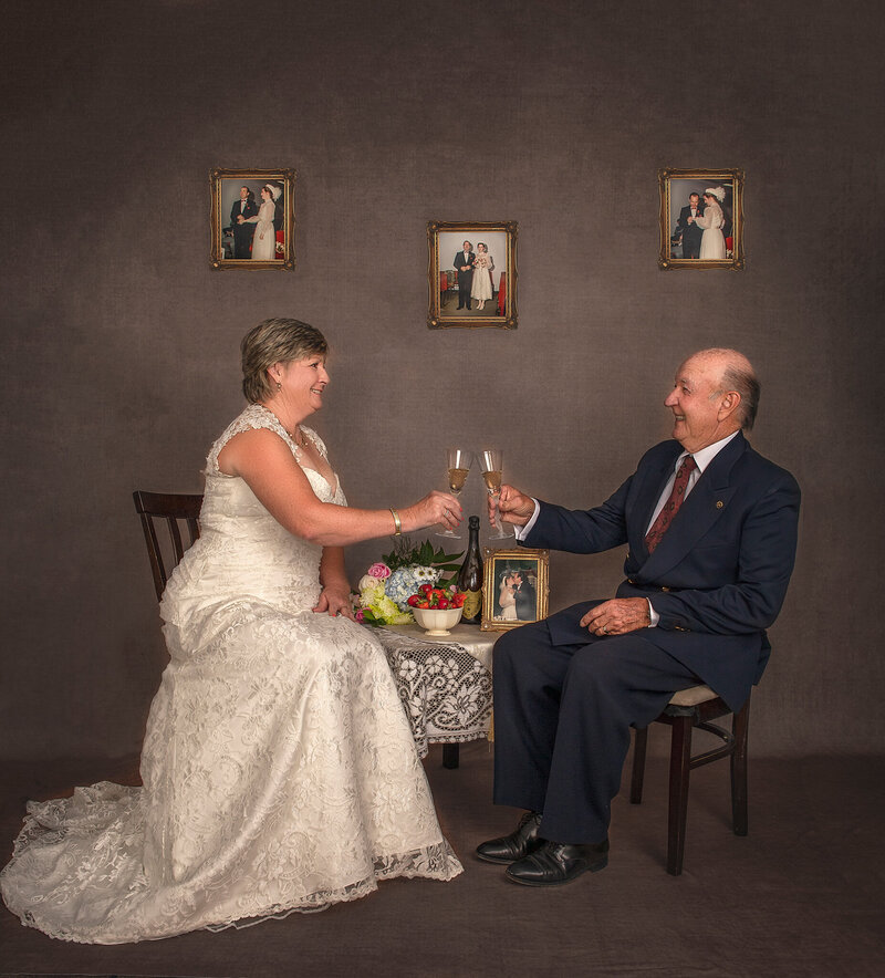 "Ottawa 50th anniversary photo – couple with nostalgic young photos in background"