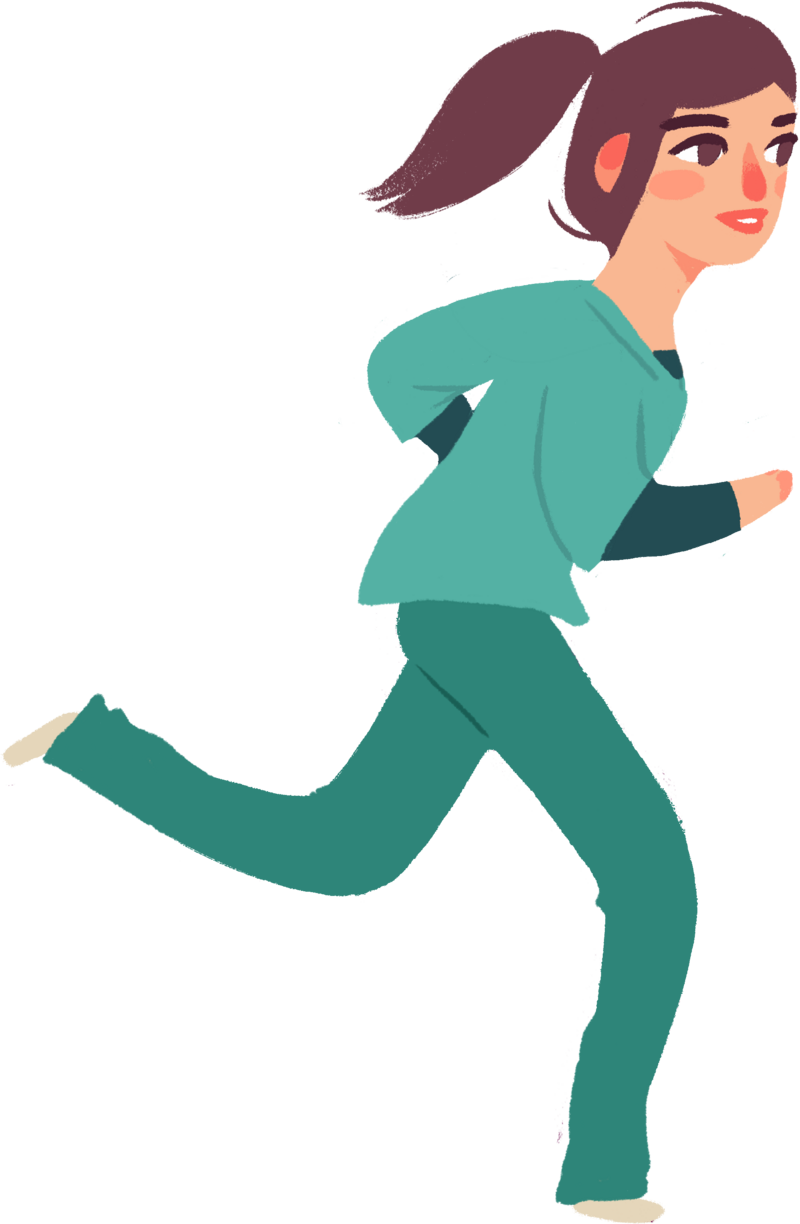 Female cna nurse in green scrubs running