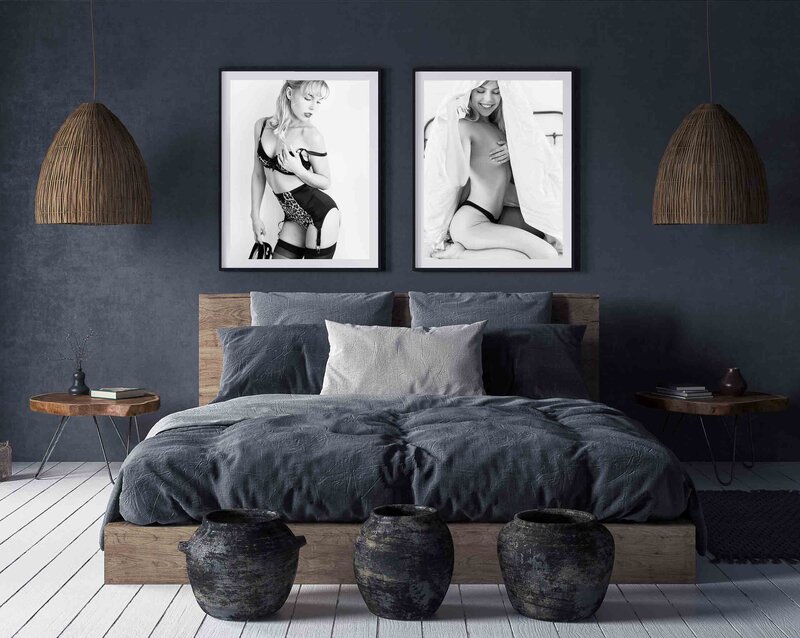 art prints mounted in bedroom of woman in lingerie