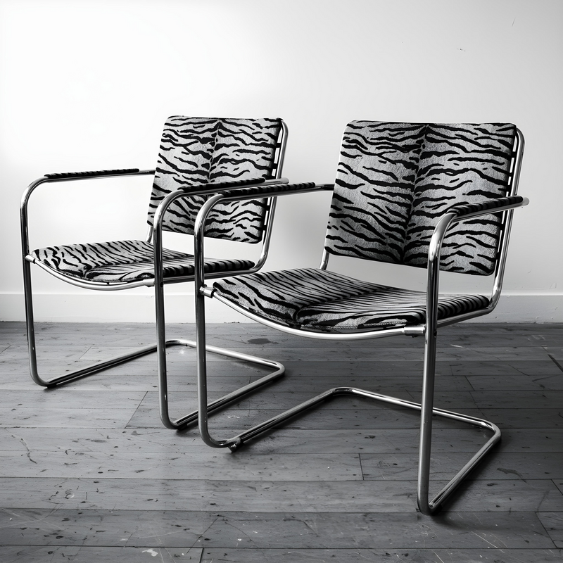 A black and white image of two chairs with a silver metal frame with tiger print as the fabric.
