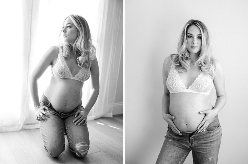 Black & wite photos of a beautiful mother to be wearing a white bra and open blue jeans in Daniele Rose Photography's natural light photo studio