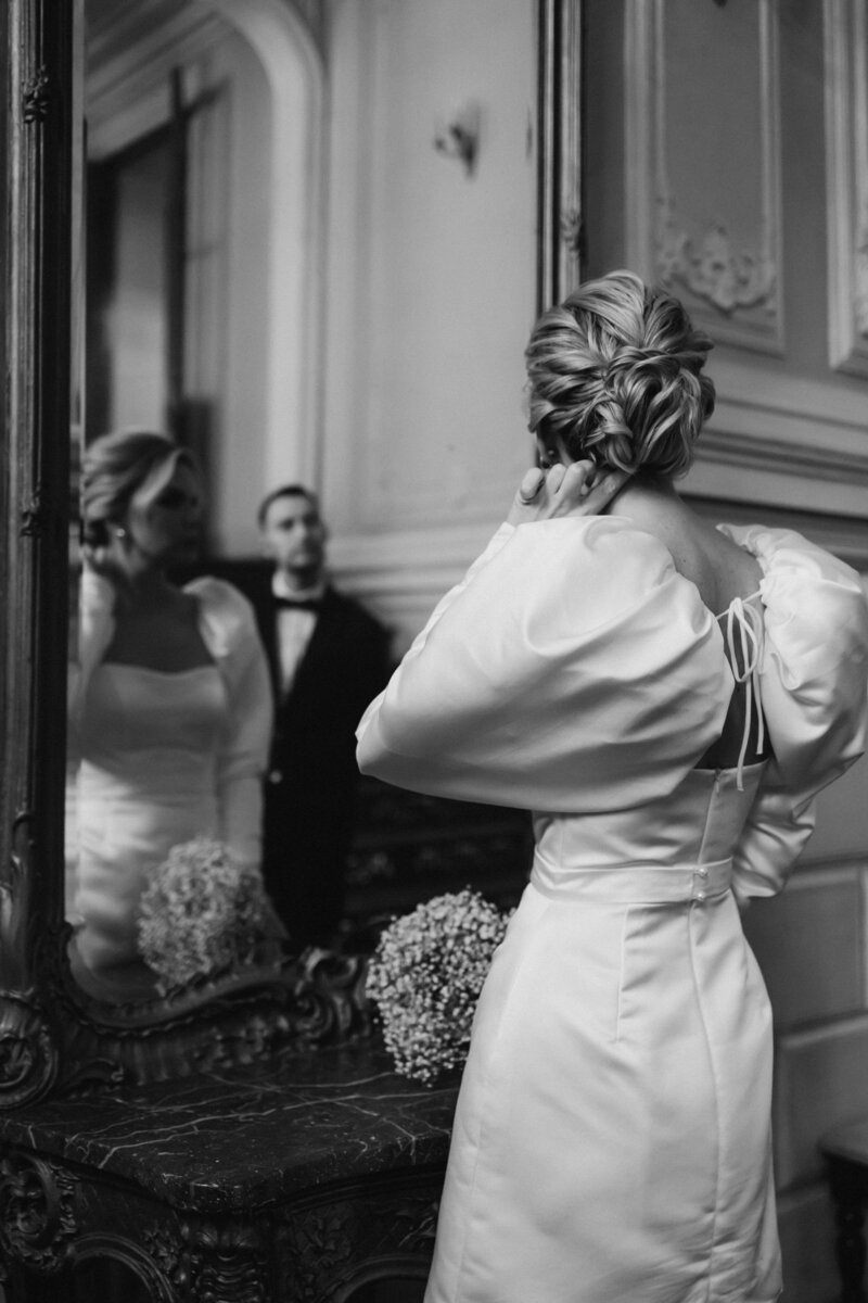 Bride and groom walk up memorial steps at their DC wedding