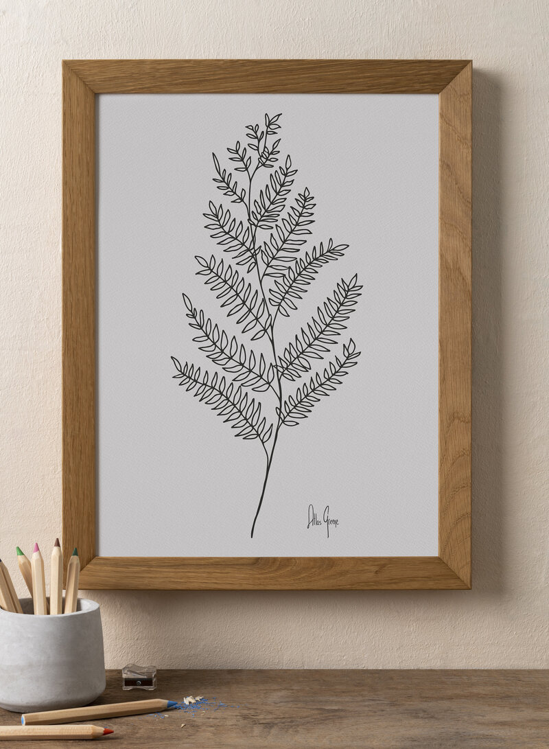 Hand drawn simple leafy stem - modern, minimalism, monochromatic by Atlas Greene