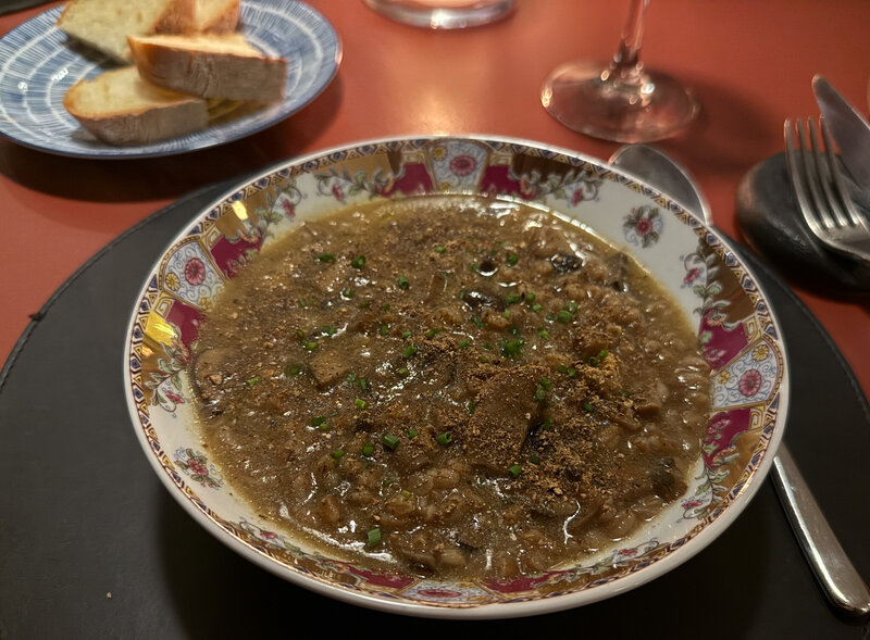Mushroom and spelt soup (zuppa di funghi e farro) at Ristorante Giorgio Tomei in Lucca, Italy