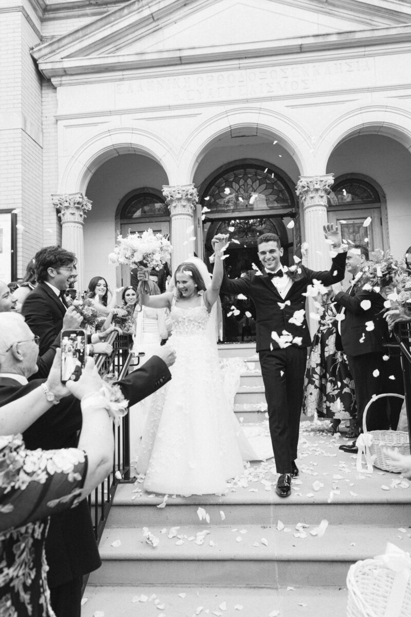 Chicago Greek wedding church exit petal toss Chicago Cathedral