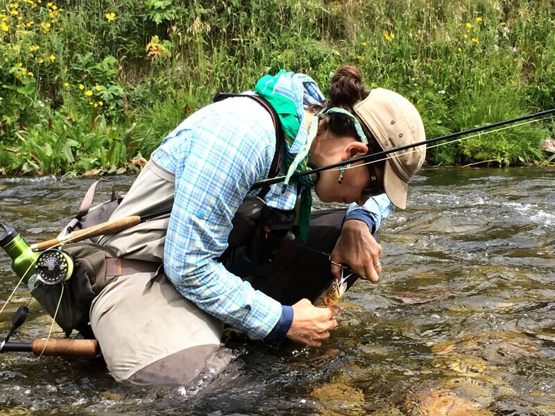 Photo of Libby removing a fly from the mouth of a cutthroat trout