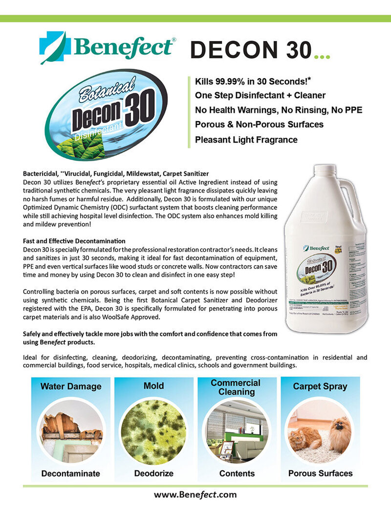 A detailed description of the Benefect DECON 30 disinfectant used by the Everclear Fogging & Disinfecting team.