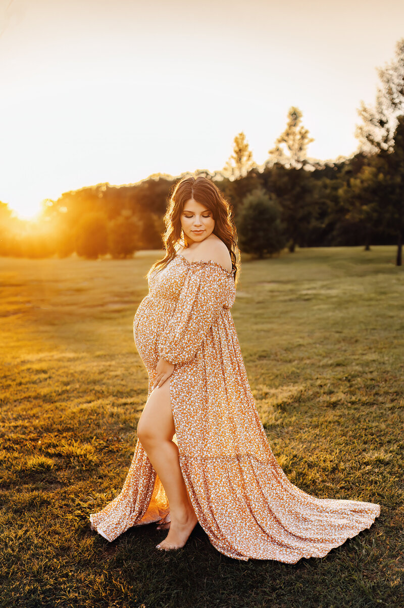 Bowling Green Kentucky family photographer. Expecting mama  in a client closet dress at sunset.
