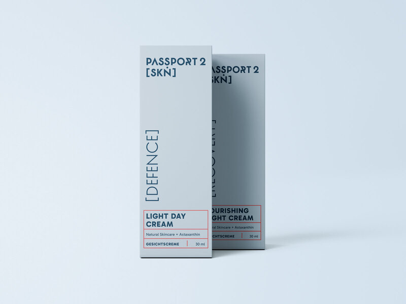 Produktverpackungen von Passport 2 Skin – Skincare-Packaging im modularen Design und soften Farbsystem.