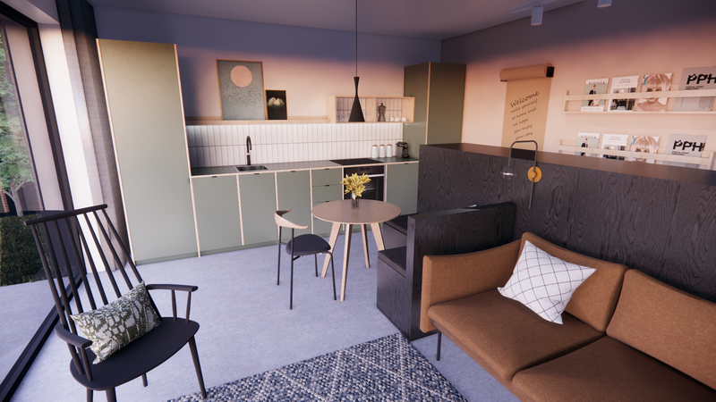 Visual showing kitchen interiors at Canton project designed by Hygge and Cwtch
