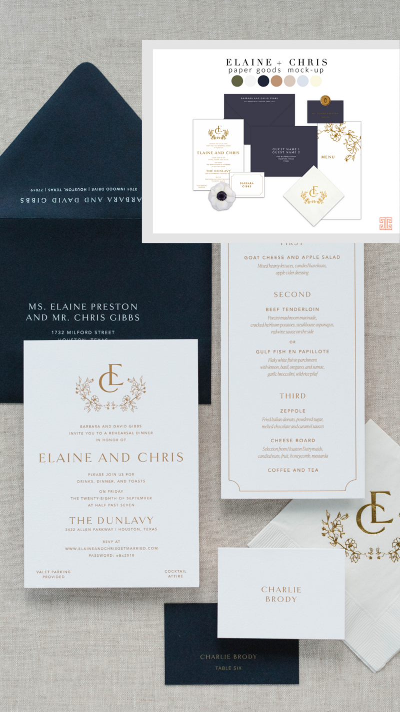 design plan for classic blue white and gold wedding invitations with real wedding image