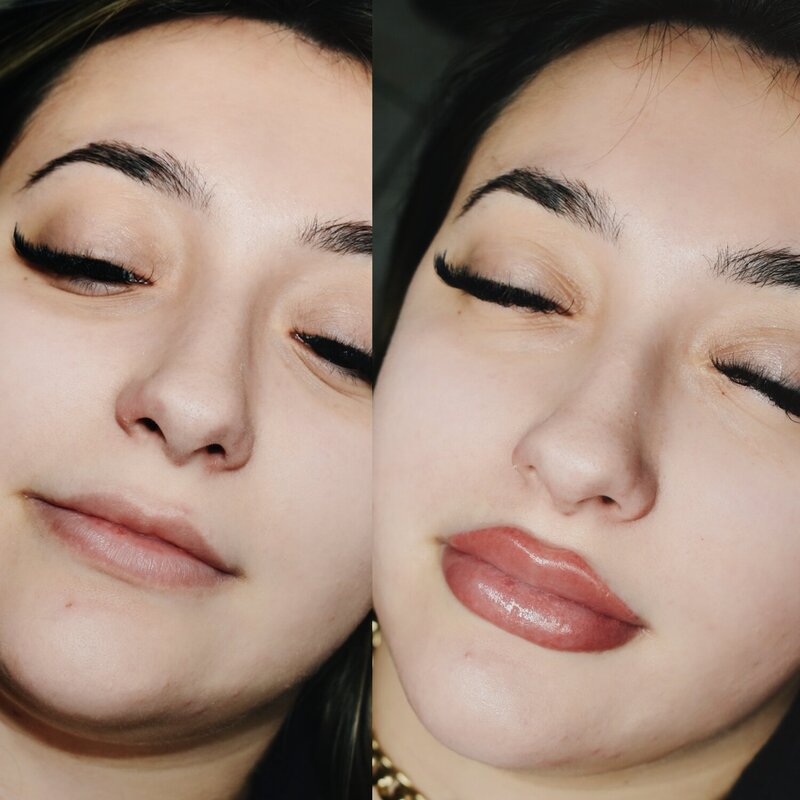 Before and after of a young woman with permanent brow and lip blush enhancements for a soft, defined look.