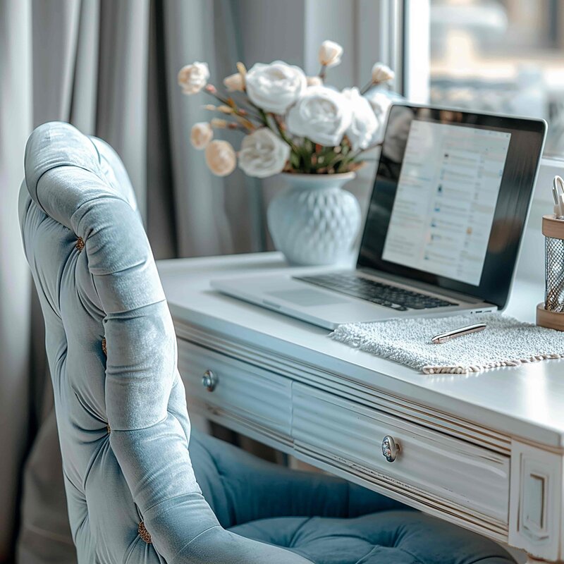Elegant office setup with flowers and desk — visual branding for female blog coaches and entrepreneurs