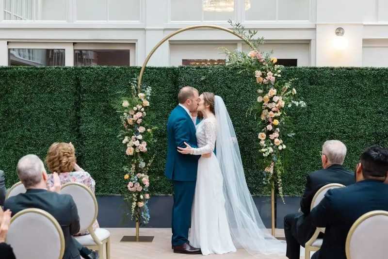 bride and groom share kiss at wedding at the adelphi saratoga