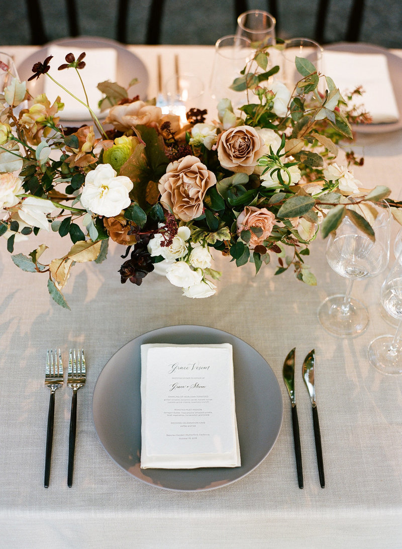 Tablescape for wedding by Jenny Schneider Events at the Beaulieu Garden in Napa Valley, California. Photo by Lori Paladino Photography.