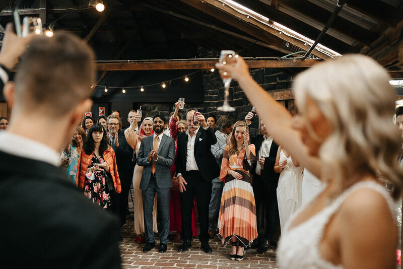 bride and groom toast their guests at Collingwood childrens farm wedding
