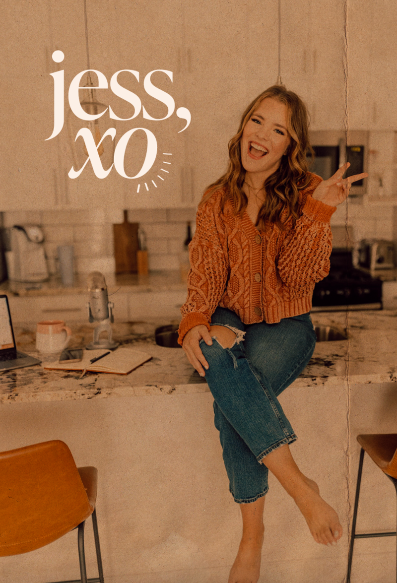 Copywriter Jess, XO sits on her kitchen counter