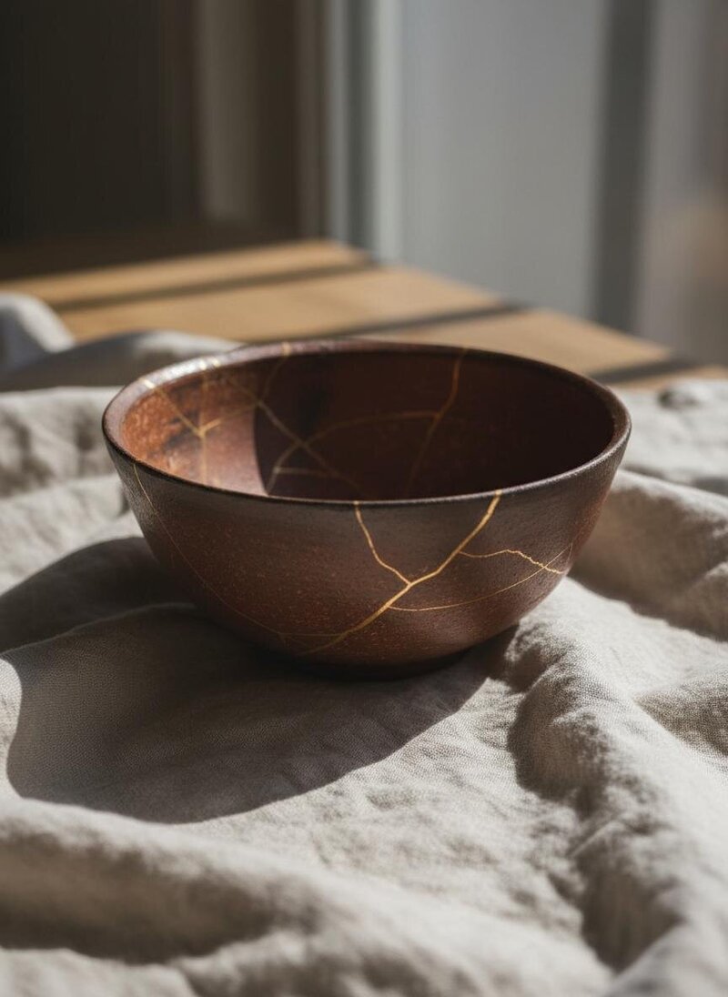 A brown ceramic bowl repaired with visible gold cracks using the kintsugi technique sits on a textured cloth, bathed in soft, natural light—symbolizing hope and healing found through anxiety and depression counseling in Southern California.