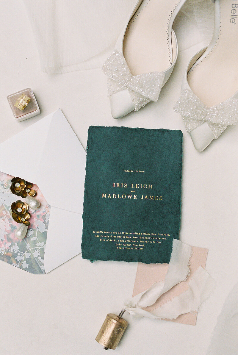 beautiful green velvet wedding invitation photographed by julai rebecca photography specializing in upstate new york and vermont weddings