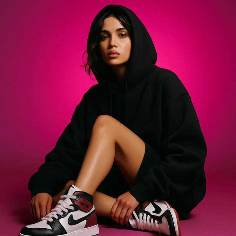 brand photography shoot of model wearing custom sneakers