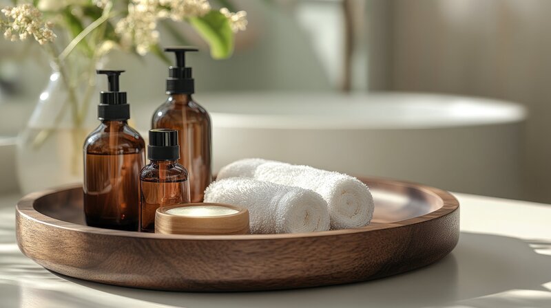 Elegant wooden spa tray with amber glass bottles, rolled towels, and natural light, symbolizing the tranquil and personalized care at Ember to Sage