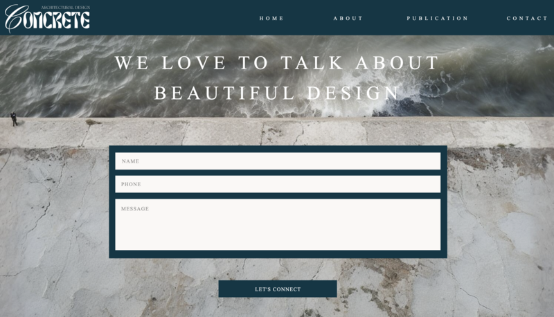 Contact page design for Concrete Architectural Design with streamlined user interface and contemporary industrial branding elements.