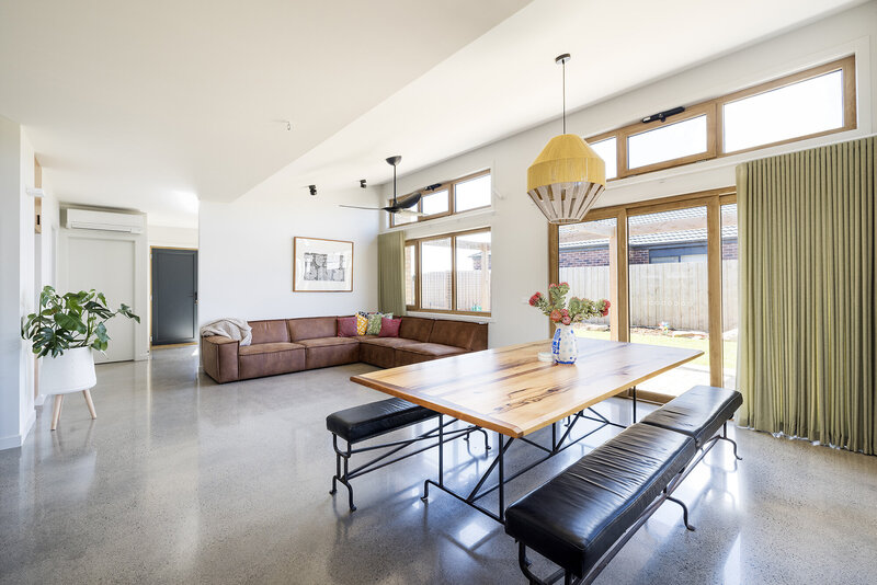 Home interior design polished concrete floor