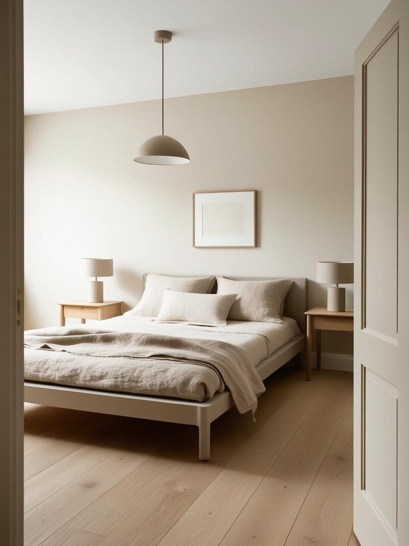 A tranquil minimalist bedroom with soft stone walls, an upholstered bed dressed in white and beige linens, and a cream knitted throw. Grey bedside tables with matching lamps, and a framed artwork above, creating a serene, balanced atmosphere.