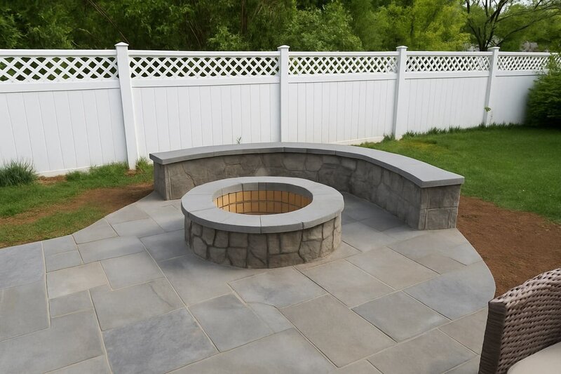 Backyard fire pit area featuring flagstone patio and built-in stone bench.