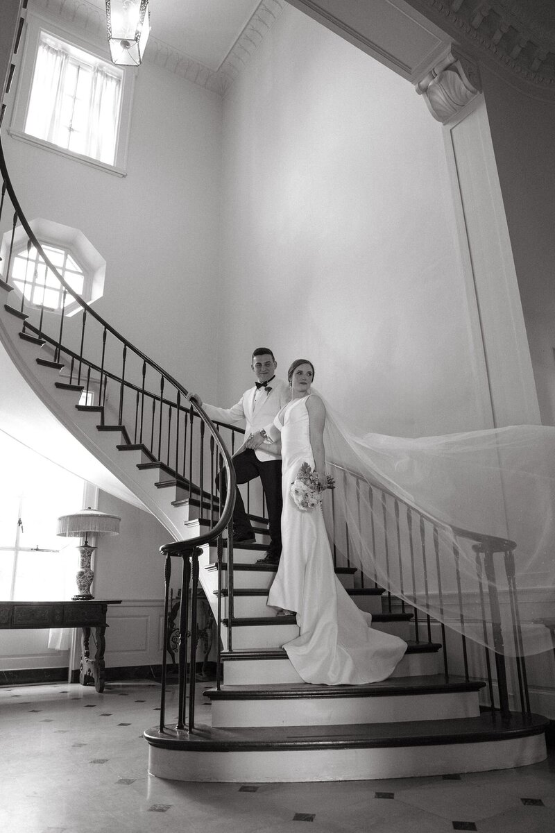 Bride and groom on steps