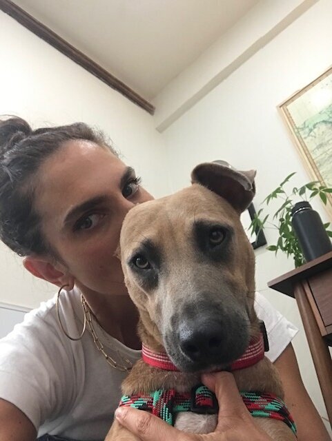 Devon and her dog Daisy in the office.