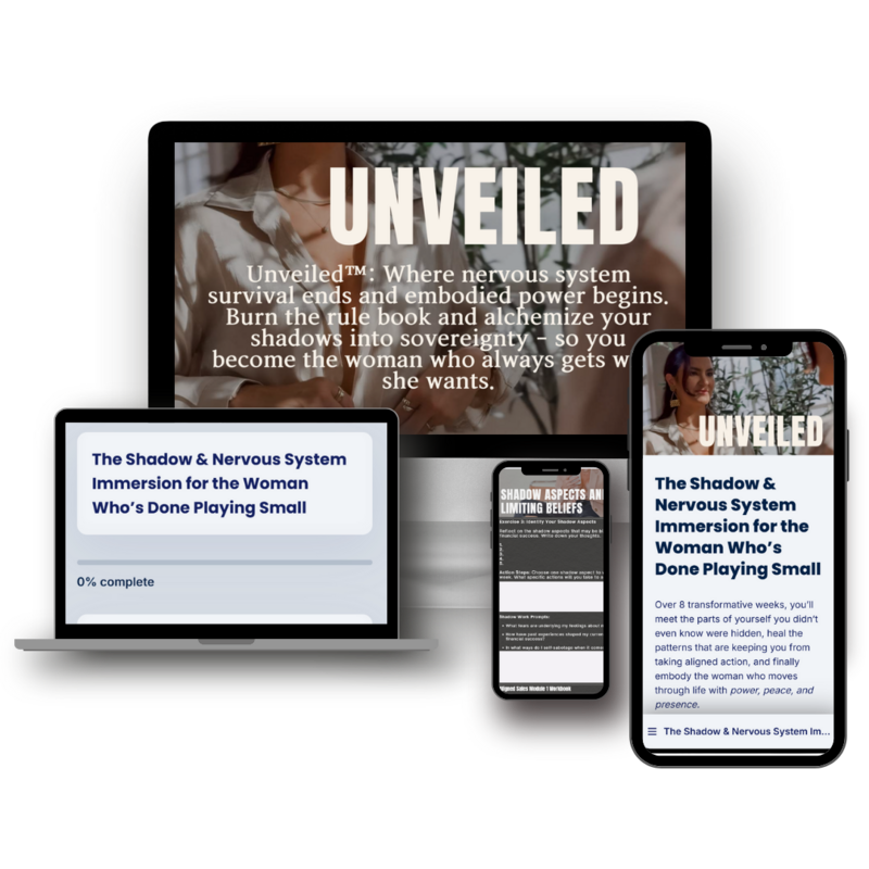Unveiled coaching program digital course mockup by Emily Michele — shadow work, nervous system healing, and embodiment for high-achieving women.