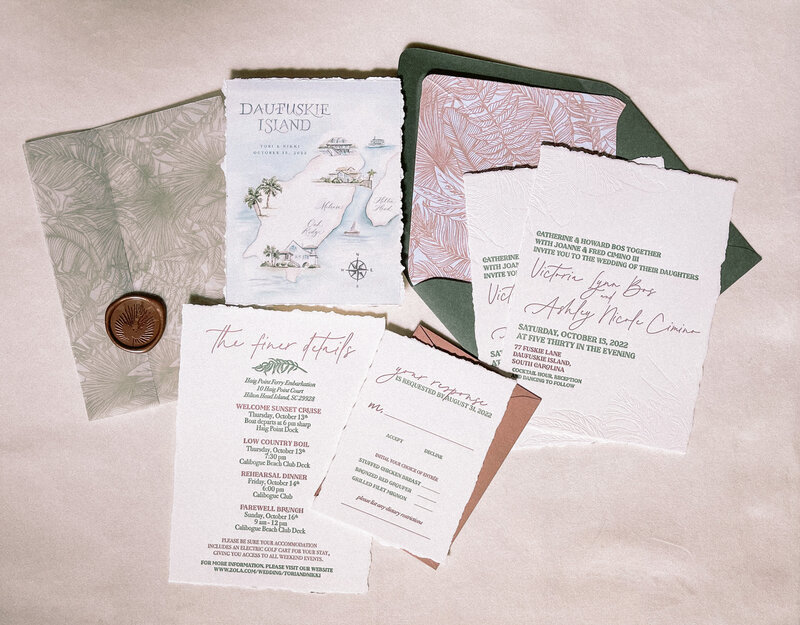 Afterglow Paper Co. Letterpress Wedding Invitation with Vellum Wrap and Wax Seal