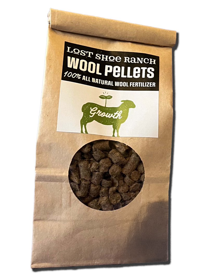 Lost Shoe Ranch 100% natural wool pellets fertilizer for sustainable lawn and garden irrigation.