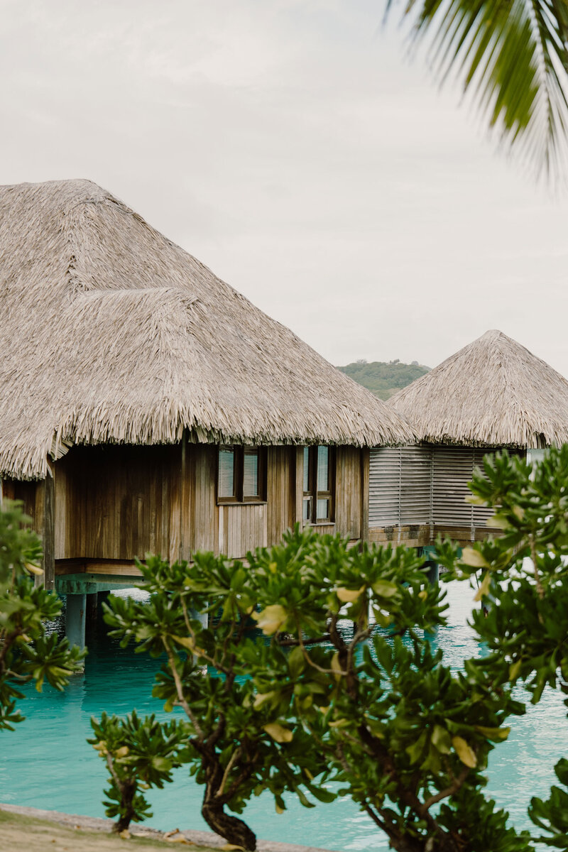 Thatched-roof overwater bungalows on turquoise waters with Mount Otemanu in the background, partially covered in mist. A tropical paradise scene with lush palm trees and serene lagoon reflections