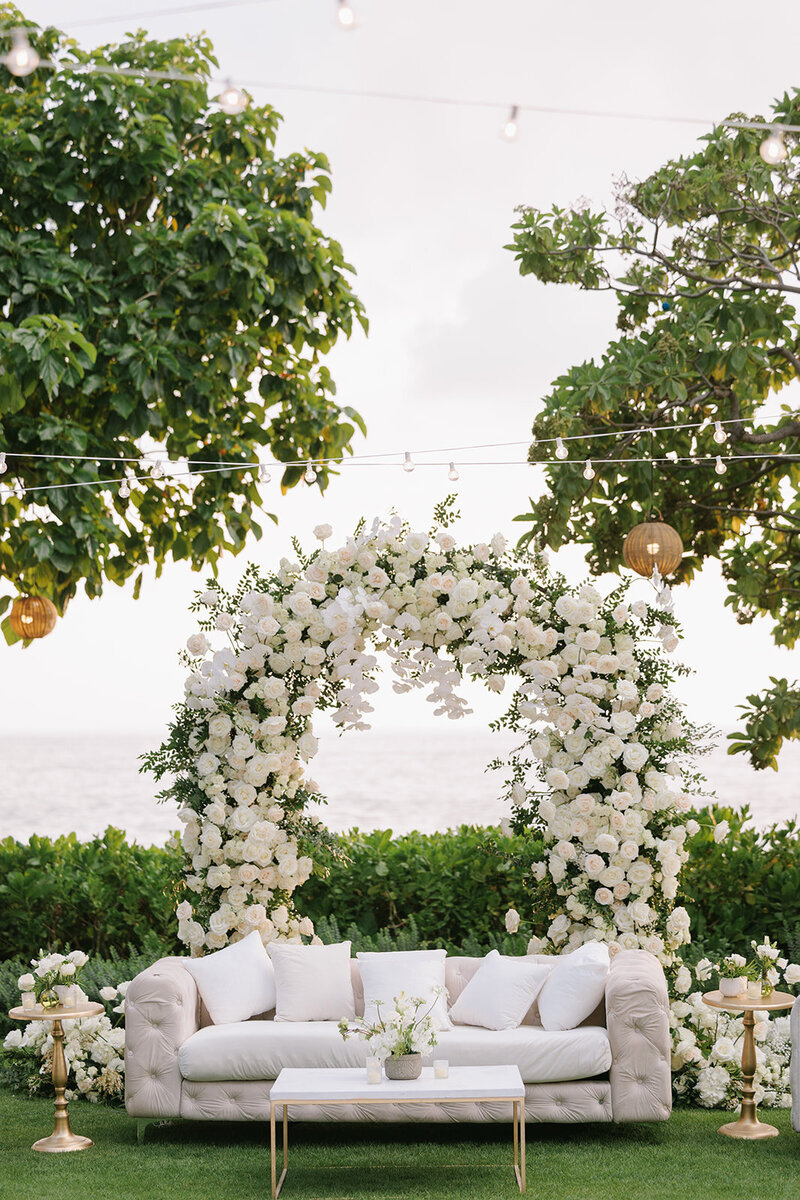 white wedding arch : lounge florals four seasons oahu