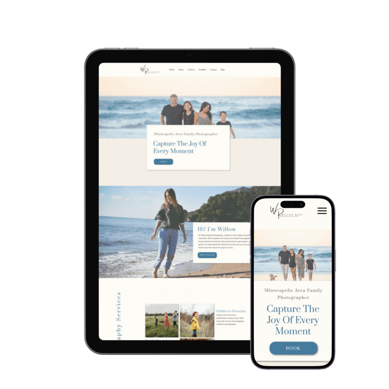 Tablet and phone with a portrait photography website on the screens.