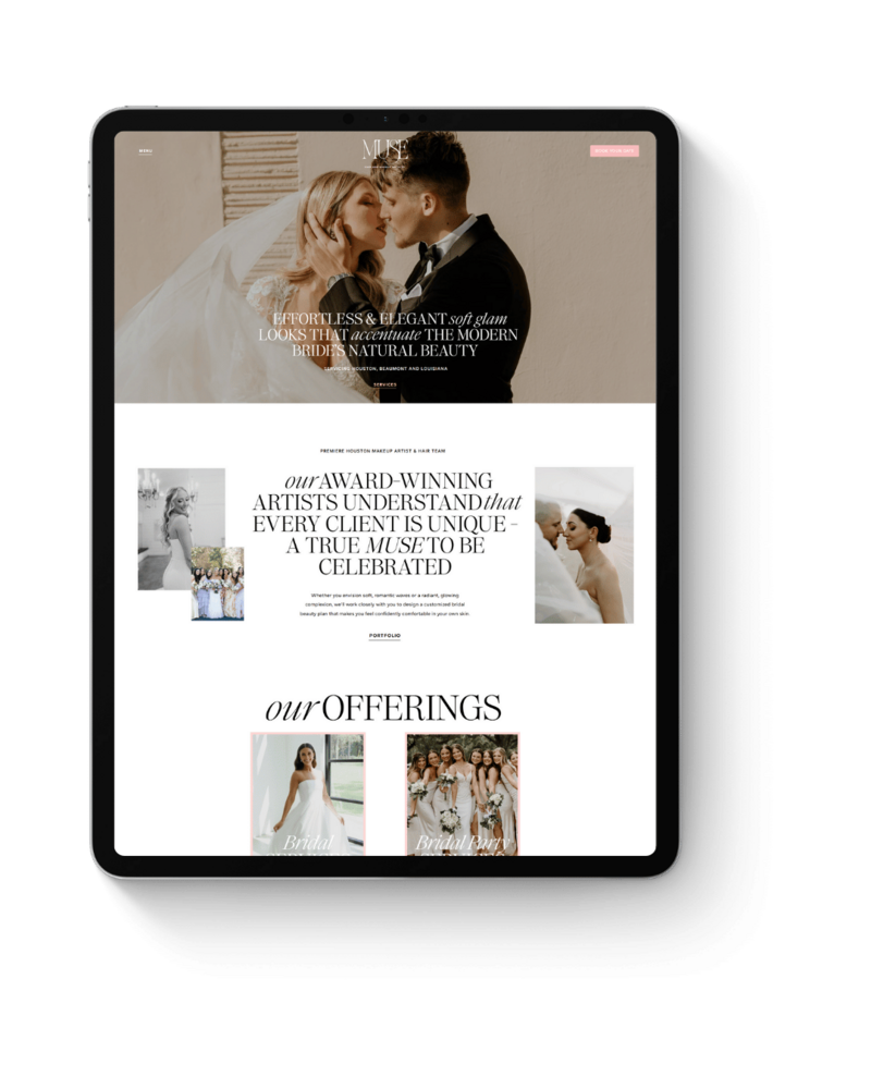 Tablet showcasing the strategic website work for Muse hair and makeup artists, reflecting refined digital branding and creative excellence by Miranda Ruiz Studio in Houston, TX.