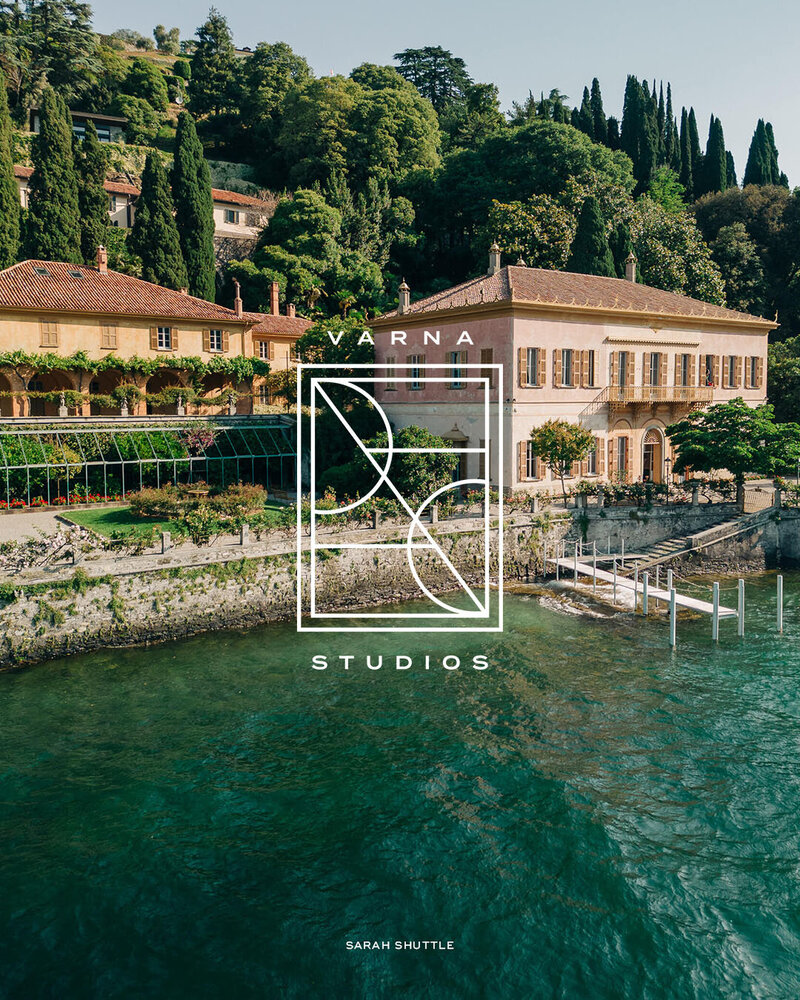 Modern logo emblem over Italian landscape in teal – luxury destination photography branding