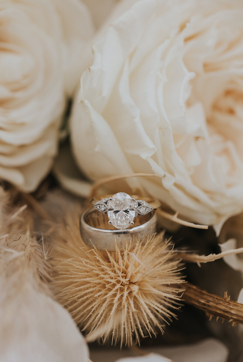 close up photo of wedding  rings  on a dried flower arrangement