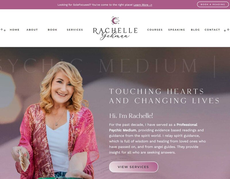 Experience the tranquility of Rachelle's homepage on a laptop screen. Designed with care by a Showit Web Design professional, this layout ensures a serene browsing experience for visitors seeking spiritual enlightenment.