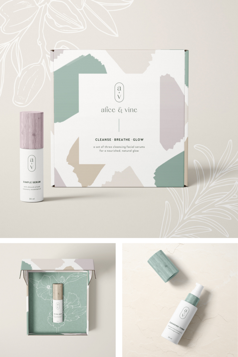 packaging design photo collage for alice and vine skincare